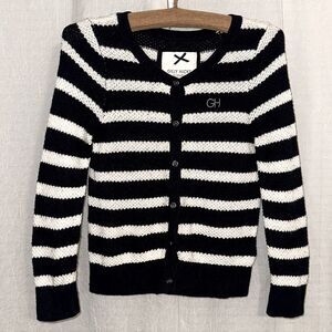 GH for Hollister M Sydney Navy White Knit Striped Long Sl Button Front Cardigan